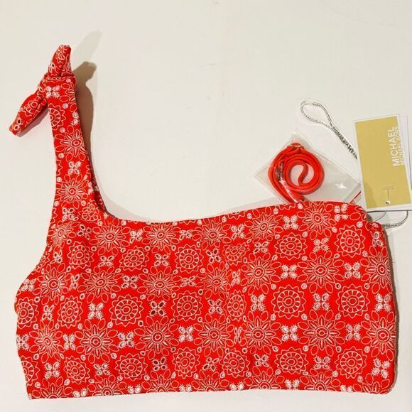 Michael Kors Red Bikini Top Med Floral Eyelet Embroidery One Strap Bow - Picture 1 of 6